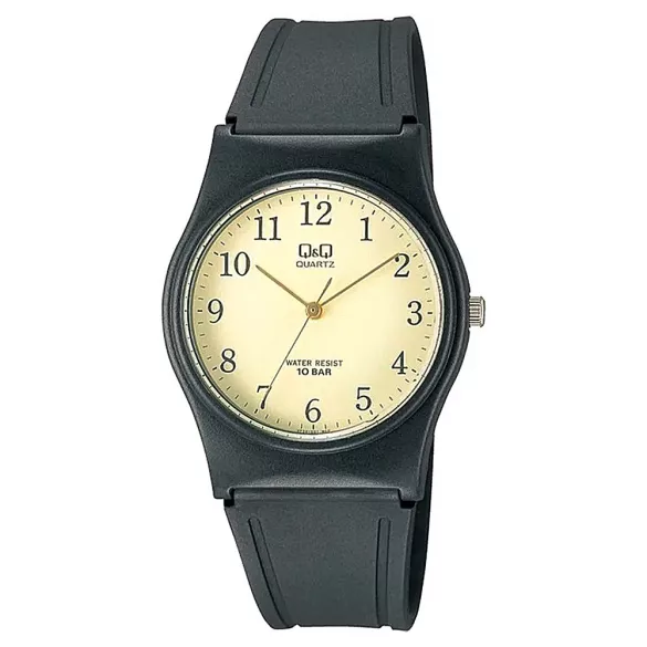 Q&Q unisex karóra, quartz, fekete színű műanyag tok, fekete színű műanyag szíj, arany színű számlap, VP34J001Y