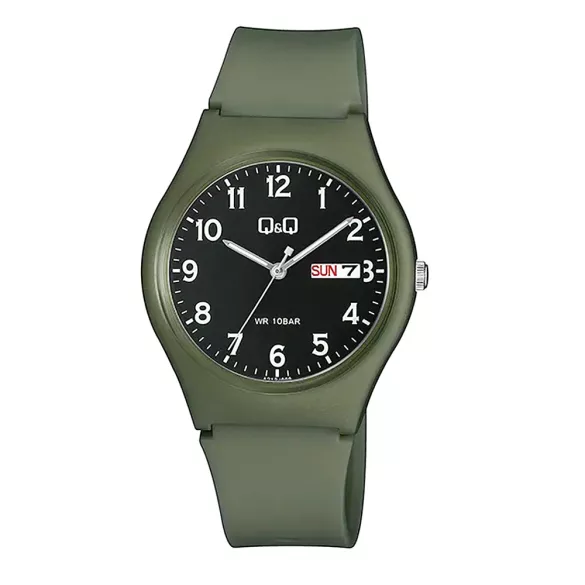 Q&Q karóra, quartz, zöld színű műanyag tok, zöld színű műanyag szíj, fekete színű számlap, 100 m (10 ATM) A212J008Y