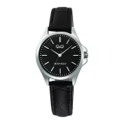   Q&Q női karóra, quartz, ezüst színű fémtok, fekete színű bőrszíj, fekete színű számlap C37A-015PY
