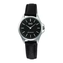   Q&Q női karóra, quartz, ezüst színű fémtok, fekete színű bőrszíj, fekete színű számlap C37A-015PY