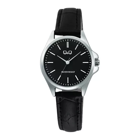 Q&Q női karóra, quartz, ezüst színű fémtok, fekete színű bőrszíj, fekete színű számlap C37A-015PY