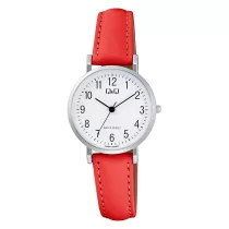   Q&Q női karóra, quartz, ezüst színű fémtok, piros színű bőrszíj, fehér színű számlap C66A-004PY