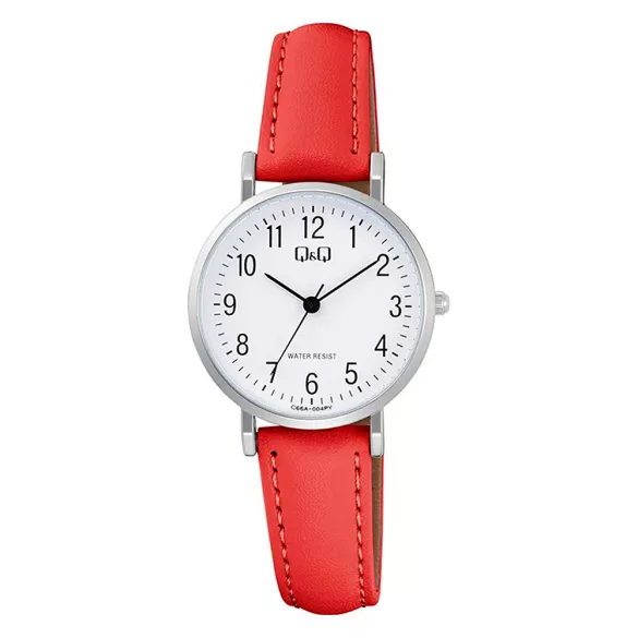 Q&Q női karóra, quartz, ezüst színű fémtok, piros színű bőrszíj, fehér színű számlap C66A-004PY