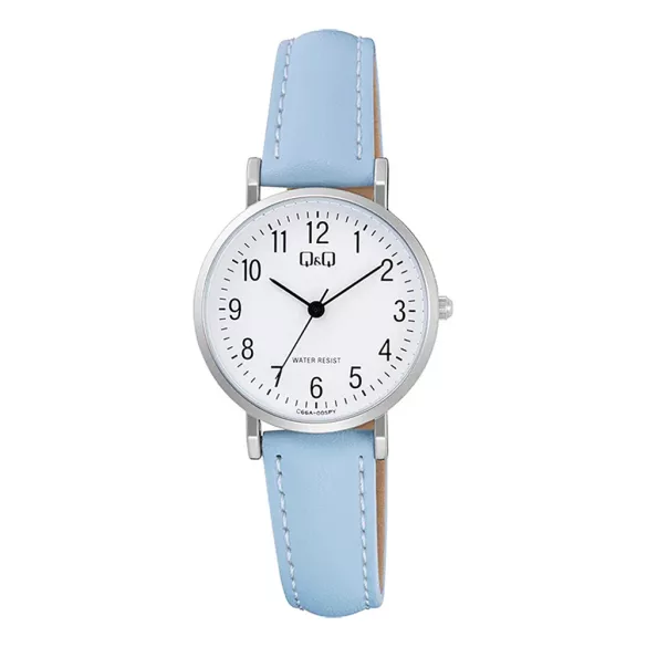 Q&Q női karóra, quartz, ezüst színű fémtok, kék színű bőrszíj, fehér színű számlap C66A-005PY