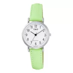   Q&Q női karóra, quartz, ezüst színű fémtok, fehér színű számlap, zöld színű bőrszíj C66A-007PY