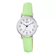   Q&Q női karóra, quartz, ezüst színű fémtok, fehér színű számlap, zöld színű bőrszíj C66A-007PY