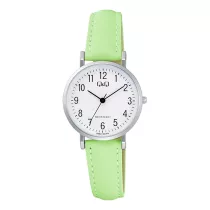   Q&Q női karóra, quartz, ezüst színű fémtok, fehér színű számlap, zöld színű bőrszíj C66A-007PY