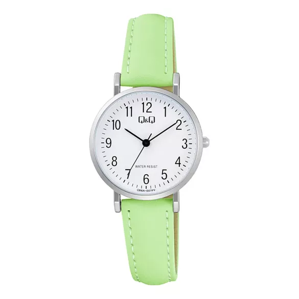 Q&Q női karóra, quartz, ezüst színű fémtok, fehér színű számlap, zöld színű bőrszíj C66A-007PY