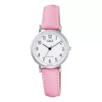   Q&Q női karóra, quartz, ezüst színű fémtok, fehér színű számlap, rózsaszín színű bőrszíj C66A-009PY