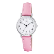   Q&Q női karóra, quartz, ezüst színű fémtok, fehér színű számlap, rózsaszín színű bőrszíj C66A-009PY