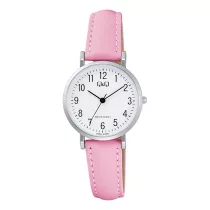  Q&Q női karóra, quartz, ezüst színű fémtok, fehér színű számlap, rózsaszín színű bőrszíj C66A-009PY