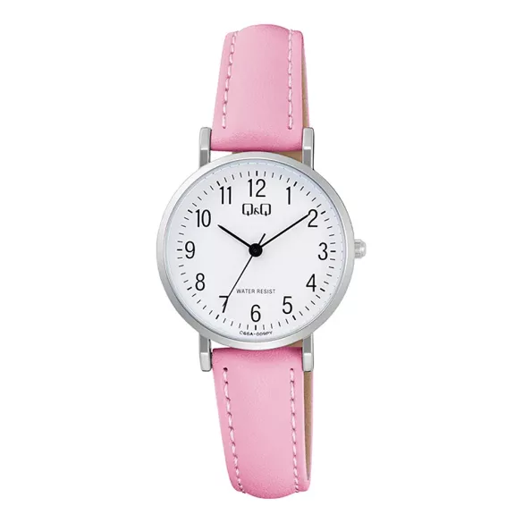 Q&Q női karóra, quartz, ezüst színű fémtok, fehér színű számlap, rózsaszín színű bőrszíj C66A-009PY