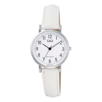   Q&Q női karóra, quartz, ezüst színű fémtok, fehér színű számlap, fehér színű bőrszíj C66A-011PY