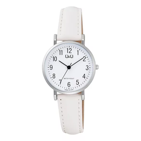 Q&Q női karóra, quartz, ezüst színű fémtok, fehér színű számlap, fehér színű bőrszíj C66A-011PY