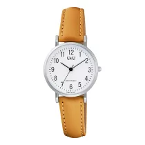   Q&Q női karóra, quartz, ezüst színű fémtok, barna színű bőrszíj, fehér színű számlap C66A-012PY