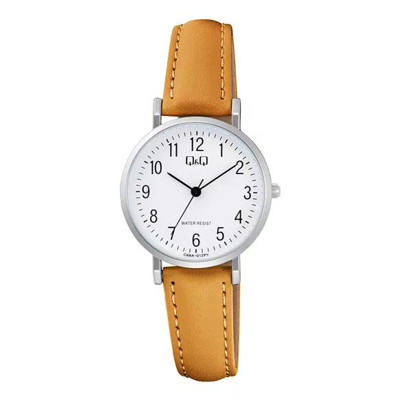 Q&Q női karóra, quartz, ezüst színű fémtok, barna színű bőrszíj, fehér színű számlap C66A-012PY