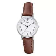   Q&Q női karóra, quartz, ezüst színű fémtok, barna színű bőrszíj, fehér színű számlap C66A-013PY