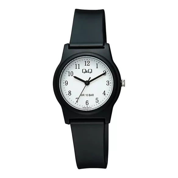 Q&Q női karóra, quartz, fekete színű műanyag tok, fekete színű műanyag szíj, fehér színű számlap G23A-001VY