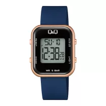   Q&Q női karóra, quartz, digitális, rózsaarany színű műanyag tok, kék színű műanyag szíj, LCD kijelzés M207J009Y