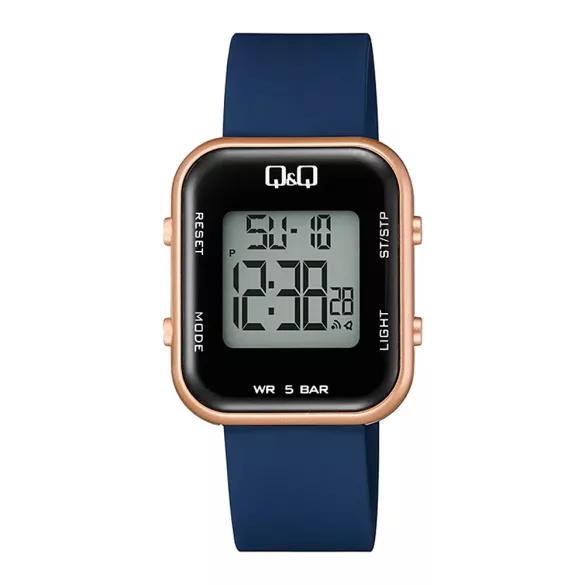 Q&Q női karóra, quartz, digitális, rózsaarany színű műanyag tok, kék színű műanyag szíj, LCD kijelzés M207J009Y