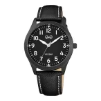   Q&Q férfi karóra, quartz, fekete színű fémtok, fekete színű bőrszíj, fekete színű számlap Q76B-003PY