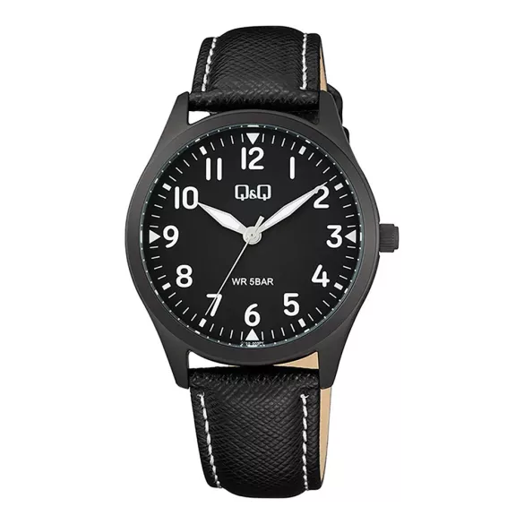 Q&Q férfi karóra, quartz, fekete színű fémtok, fekete színű bőrszíj, fekete színű számlap Q76B-003PY
