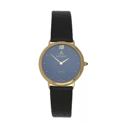   ASTRON 5154-2 unisex karóra, arany színű fém tok, fekete bőrszíj, kék számlap, keményített ásványüveg, quartz szerkezet, cseppmentes vízállóság