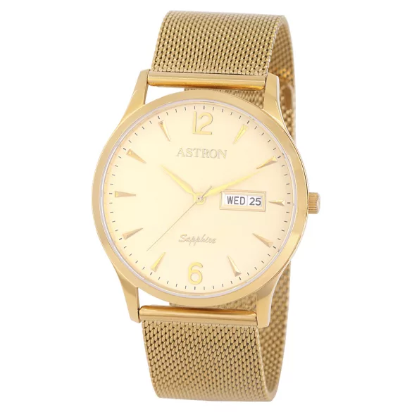 ASTRON 5511-5 férfi karóra, arany színű nemesacél tok, arany színű milánói nemesacél csat, pezsgőszínű számlap, zafír, quartz szerkezet, cseppmentes vízállóság