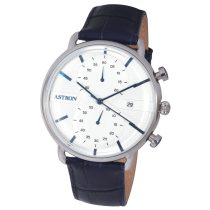   ASTRON 5532-7 férfi karóra, chronograph, ezüst színű nemesacél tok, kék bőrszíj, fehér számlap, keményített ásványüveg, quartz szerkezet, 50 m (5 ATM) vízállóság