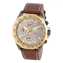   ASTRON 5533-6 férfi karóra, multifunkciós,arany+gun (szürke) színű nemesacél tok, barna bőrszíj, ezüst színű számlap, keményített ásványüveg, quartz szerkezet, 50 m (5 ATM) vízállóság