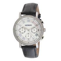   ASTRON 5540-7 divatos női karóra, chronograph, ezüst színű nemesacél tok, fekete bőrszíj, fehér számlap, keményített ásványüveg, quartz szerkezet, cseppmentes vízállóság