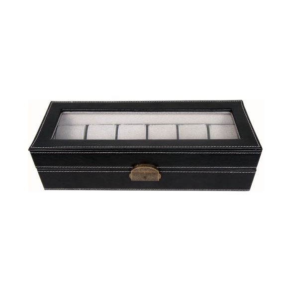 Óratartó doboz, 6 rekeszes, fekete (PU bőr, szűrke, párnás)