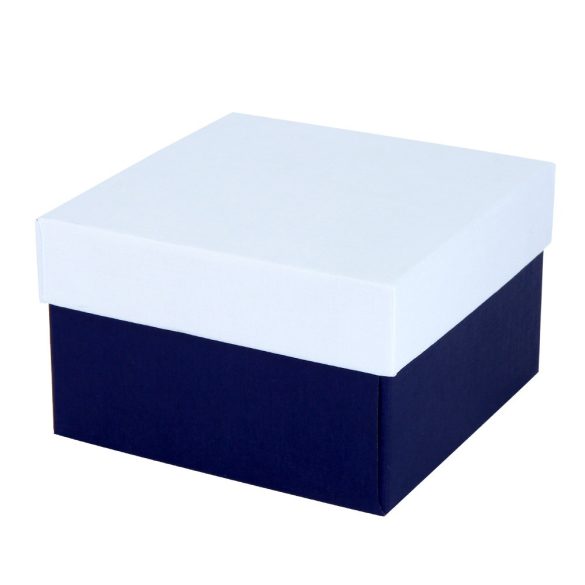 Logó nélküli karóra doboz, kék / fehér papír borítású, belül fehér párnás borítás