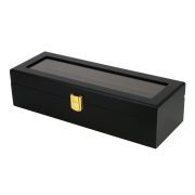   Óratartó doboz, 6 db karórához, kívül fekete színű festett fa felület, belül barna textil borítás