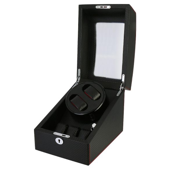 Óraforgató doboz, 2 + 3 db karórához, kívül és belül fekete színű PU Carbon mintás felület