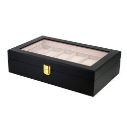   Óratartó doboz, 12 db karórához, kívül fekete színű festett fa felület, belül krém színű textil borítás