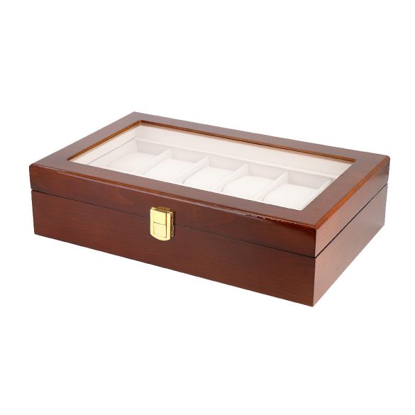 Óratartó doboz, 12 db karórához, kívül barna színű festett fa felület, belül bézs textil borítás