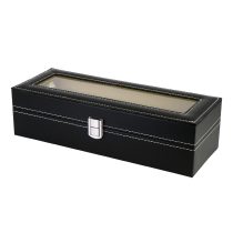  Óratartó doboz, 6 rekeszes, kívül fekete műbőr borítás, belül krém színű textil 