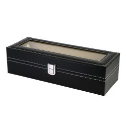   Óratartó doboz, 6 rekeszes, kívül fekete műbőr borítás, belül krém színű textil 