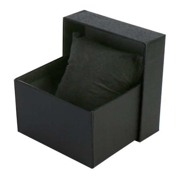 Logó nélküli karóra doboz, fekete papír borítású külső, belűl fekete párnával