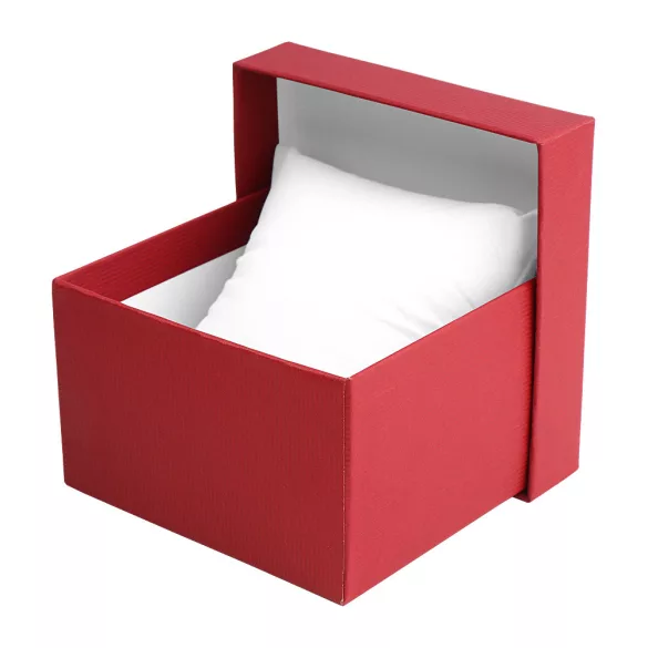 Logó nélküli karóra doboz, piros papír borítású külső, belül fehér párnával