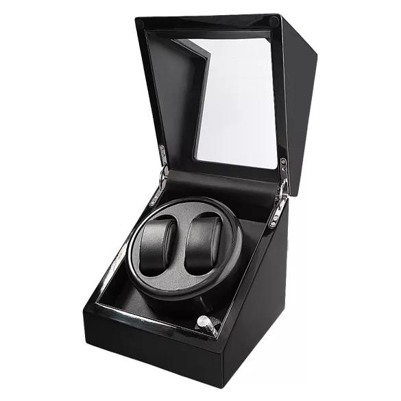 Óraforgató doboz, 2 db karórához, kívül fekete színű festett fényes fa felület, belül fekete színű textil