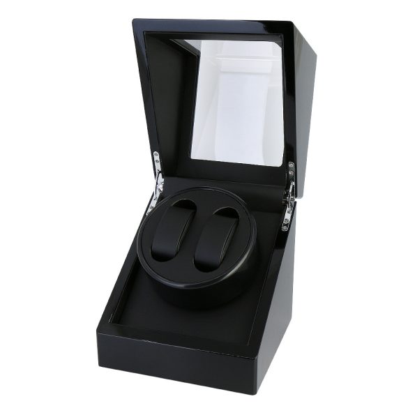 Óraforgató doboz, 2 db karórához, kívül fekete színű festett fényes fa felület, belül fekete színű textil