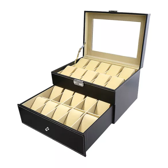 Óratartó doboz, 20 rekeszes, kívűl fekete műbőr borítás, belűl szürke textíl 