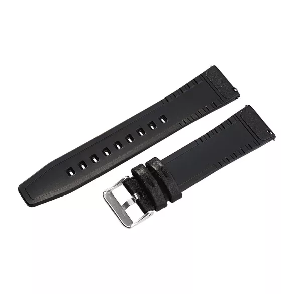 Karóra szíj, fekete színű, műbőr+ műanyag/szilikon, gyorskioldós, 80+125/22 mm