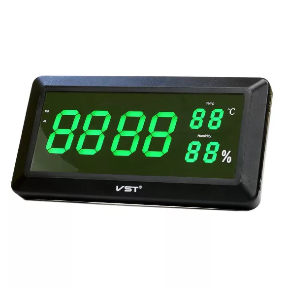 Hálózati falióra, fekete színű műanyag tok, zöld színű LED kijelzés