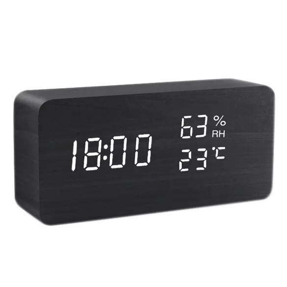 Asztali óra, fekete színű fa tok, fehér színű LED kijelzés