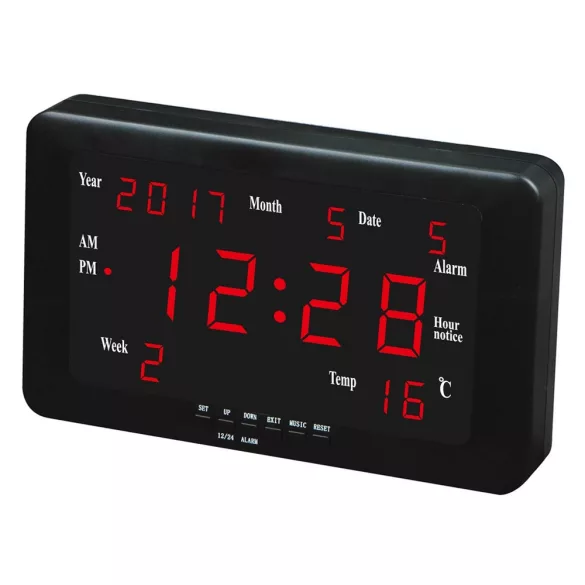 Hálózati falióra, fekete tok, 1,8^ piros LED 