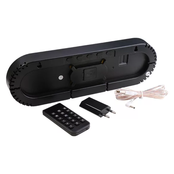 Hálózati asztalióra / falióra, fekete tok, 12,3^ - színes LED, távirányítóval