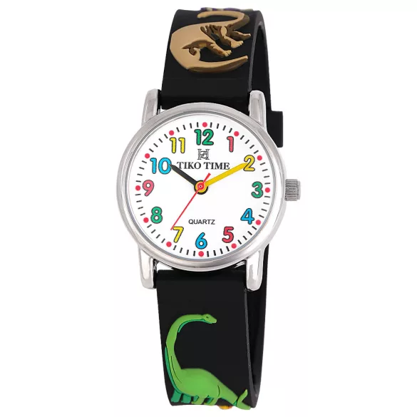 Tiko Time karóra gyerekeknek, ezüst színű fémtok, quartz szerkezet, 3D figurás szürke műanyag szíj, fehér arab számos számlap, cseppmentes vízállóság